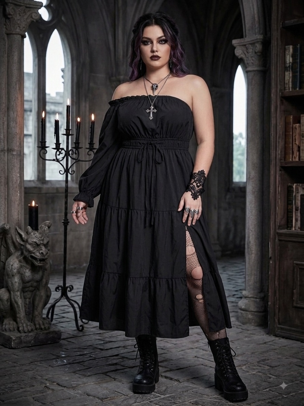 Scarlet Darkness Black Renaissance Dress Gothic Tiered Midi Smocked Plus Sz 2XL